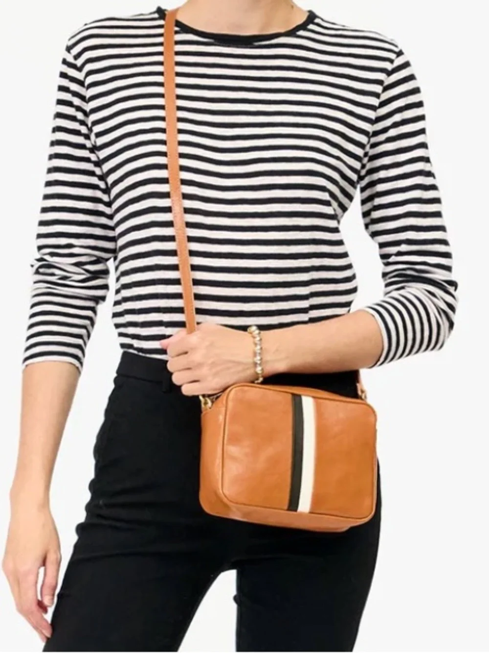 Clare V Midi Sac in Tan with Stripes and Checkered Crossbody Strap